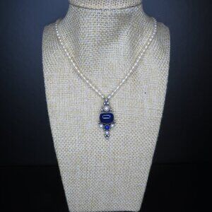Blue Lapis Sterling Silver Pendant on a Pearl Necklace